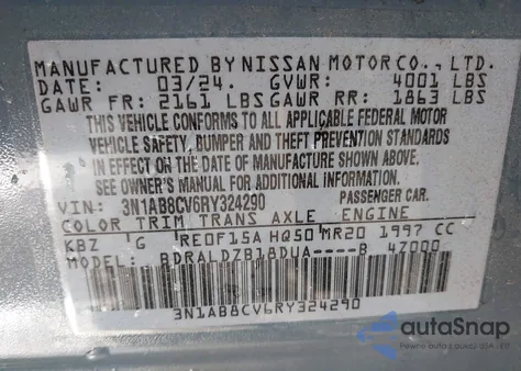 2024 Nissan Sentra Sv Xtronic Cvt z USA, uszkodzony, nr VIN 3N1AB8CV6RY324290